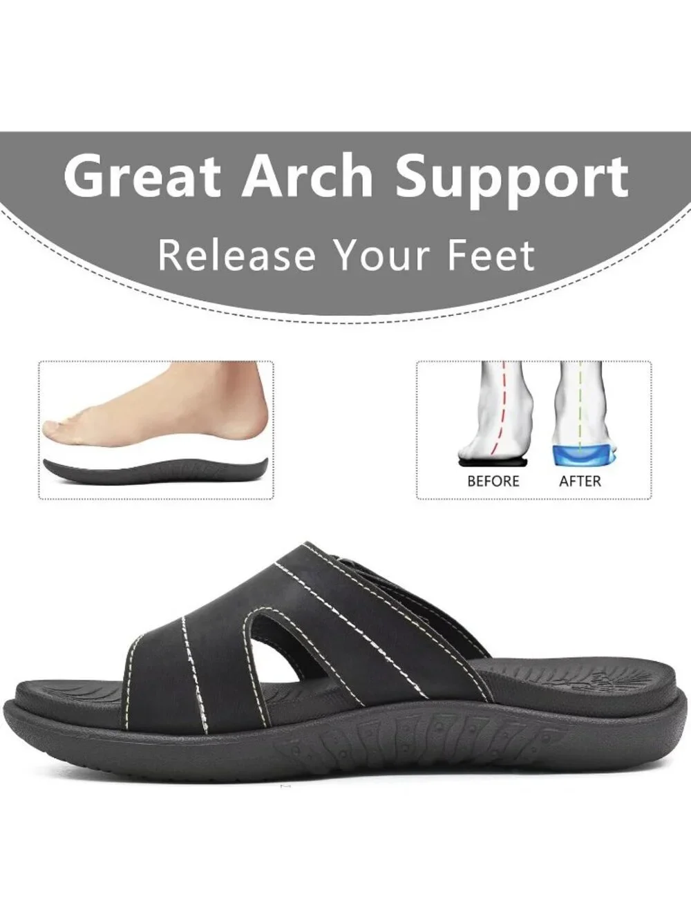 Women's Black Orthotic Slides Ladies Athletic Yoga Mat Memory Foam Sandal Shoes